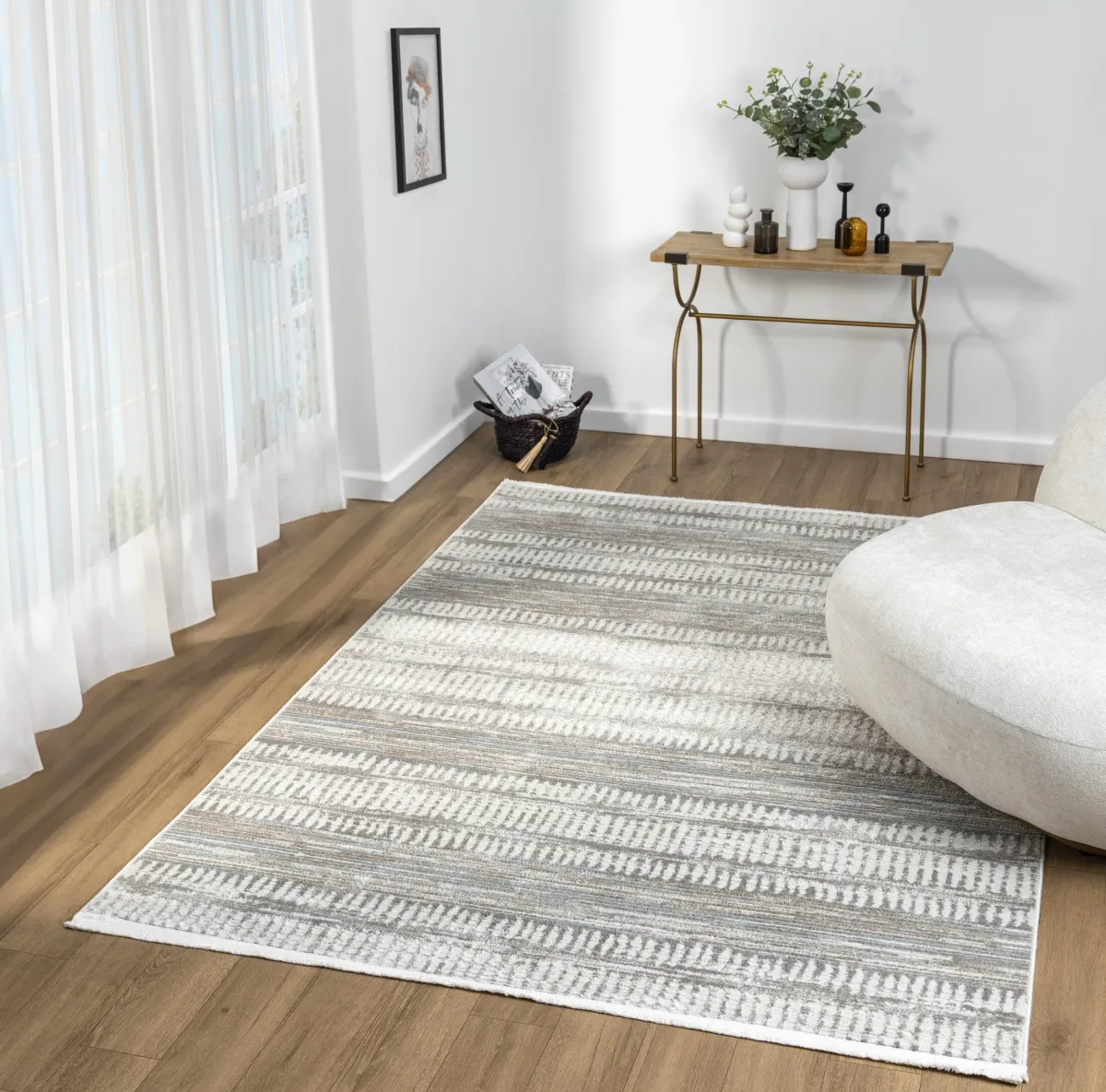 Leka 5' x 8' Area Rug - White, Gray, Blue and Tan