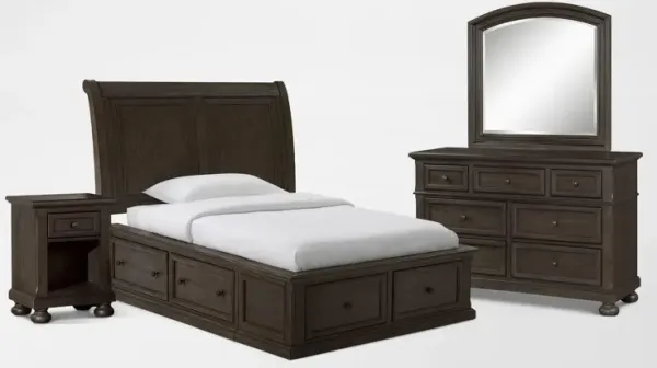 Hanover 6-Piece Twin Storage Bedroom Set with Dresser, Mirror and Nightstand - Tobacco