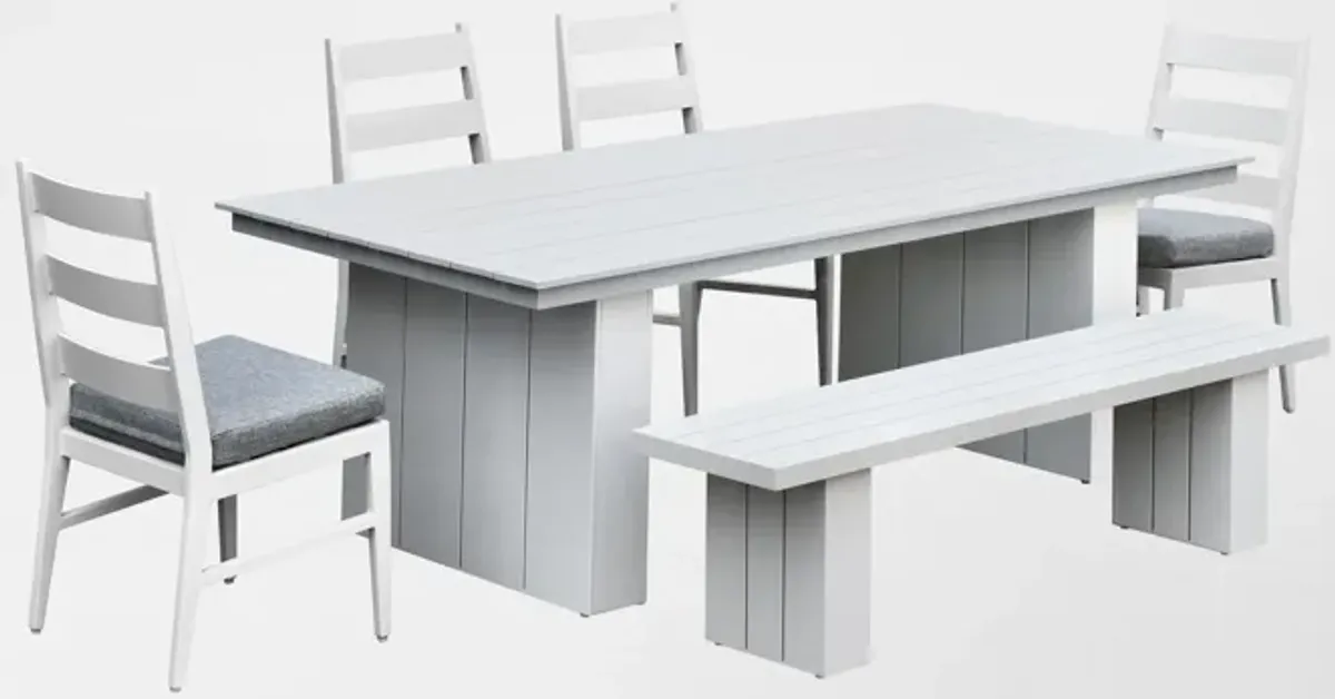 Halifax Outdoor Dining Table, 4 Panel Chairs and Bench