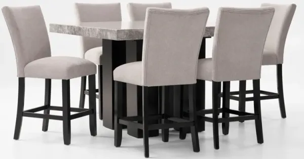 Artemis Marble Counter-Height Dining Table and 6 Upholstered Stools - Gray Marble/Black