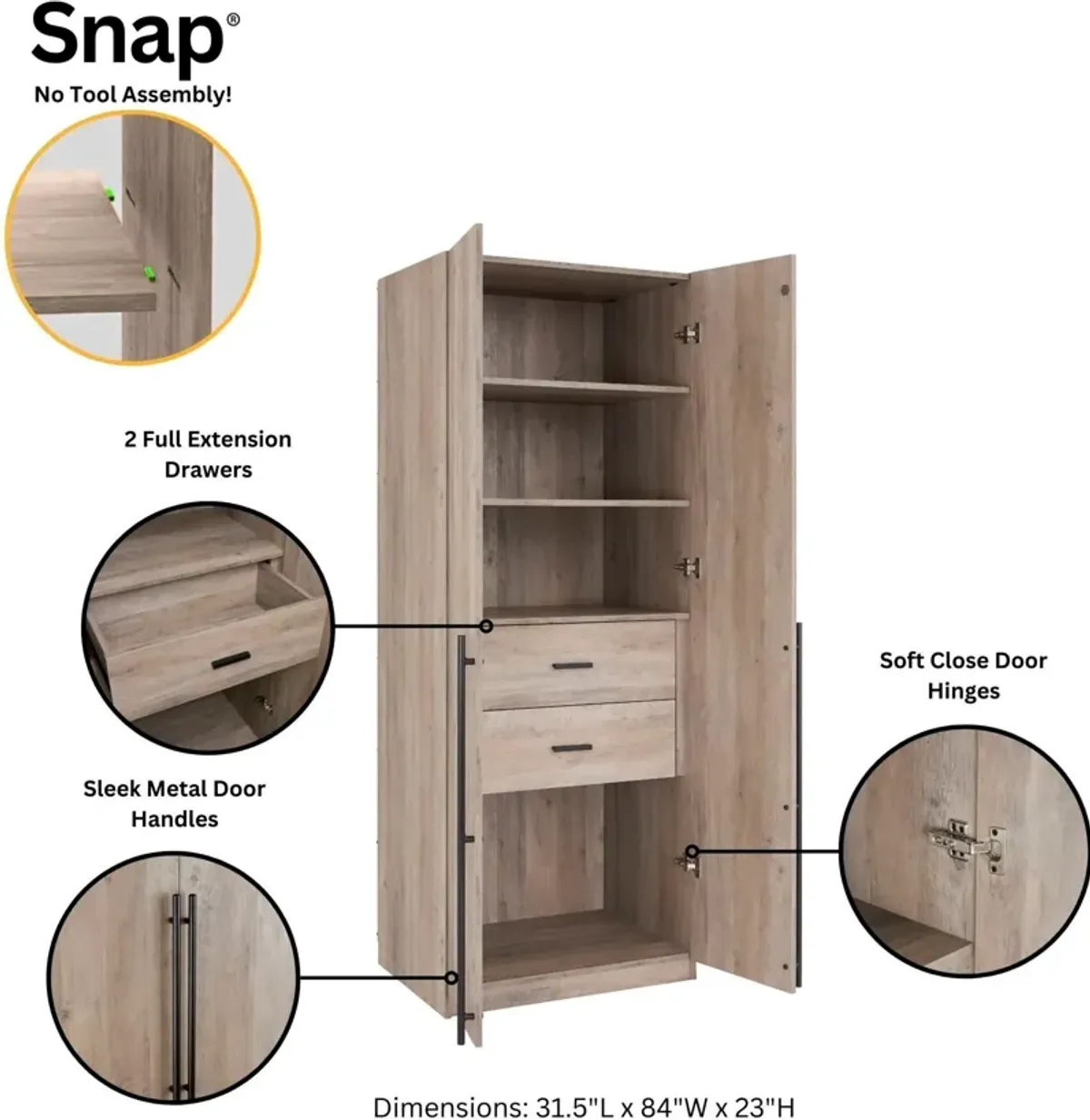 Rian Wardrobe Closet with 4 Shelves and 2 Drawers - Gray