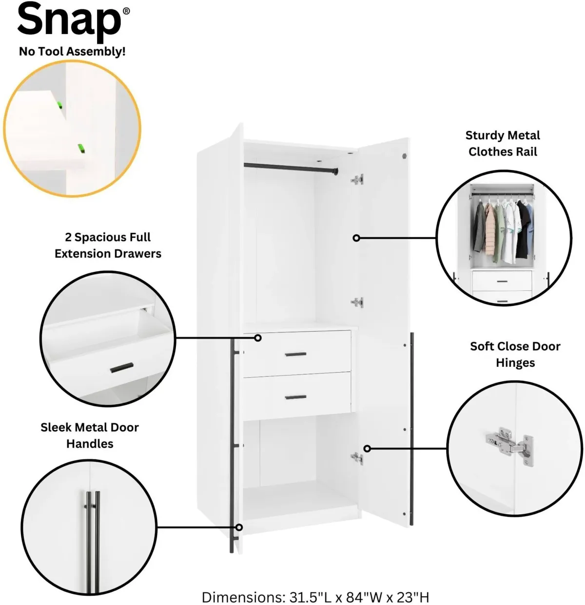 Rian Wardrobe Closet with 1 Hanging Rod, 1 Shelf, and 2 Drawers - White