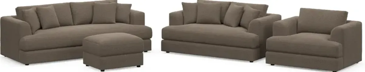 Ridley Hybrid Comfort Sofa, Loveseat, Chair, and Ottoman Set - Liv Umber