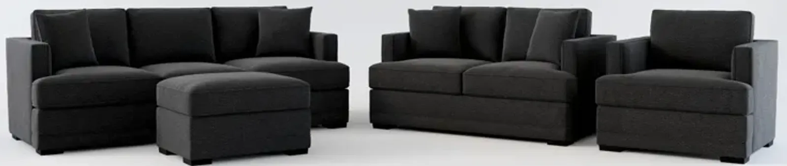 Pembroke Hybrid Comfort Sofa, Loveseat, Chair, and Ottoman Set - Bloke Obsidian