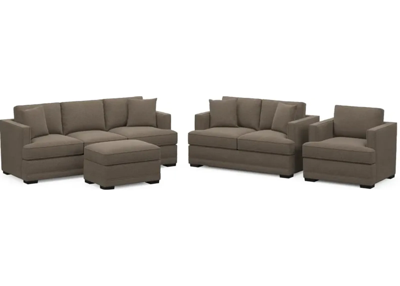 Pembroke Hybrid Comfort Sofa, Loveseat, Chair, and Ottoman Set - Liv Umber