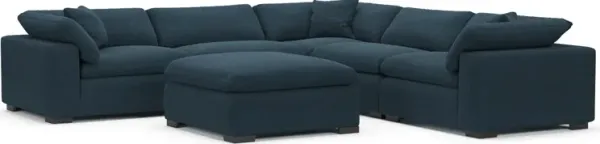 Plush Feathered Comfort Eco Performance Fabric 5-Piece Sectional and Ottoman - Broderick Indigo