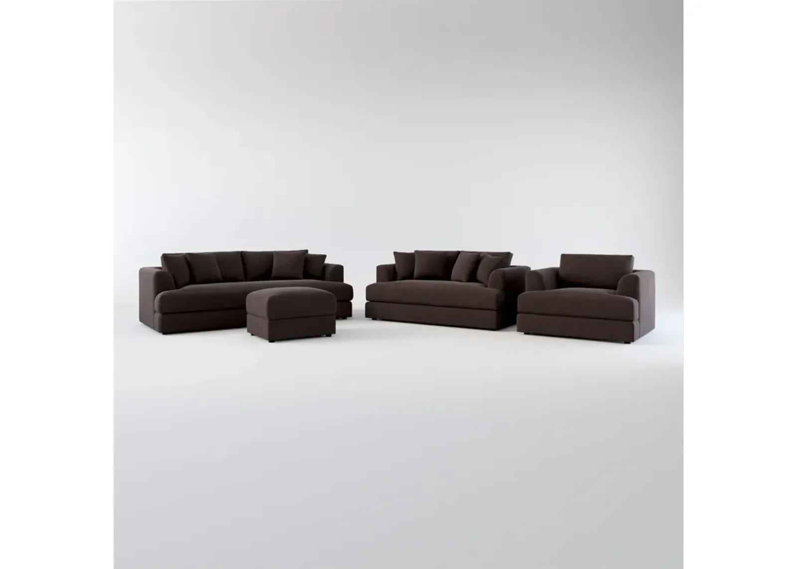 Ridley Hybrid Comfort Sofa, Loveseat, Chair, and Ottoman Set - Merrimac Dark Brown