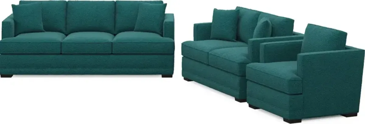 Pembroke Foam Comfort Sofa, Loveseat, and Chair Set - Bloke Peacock