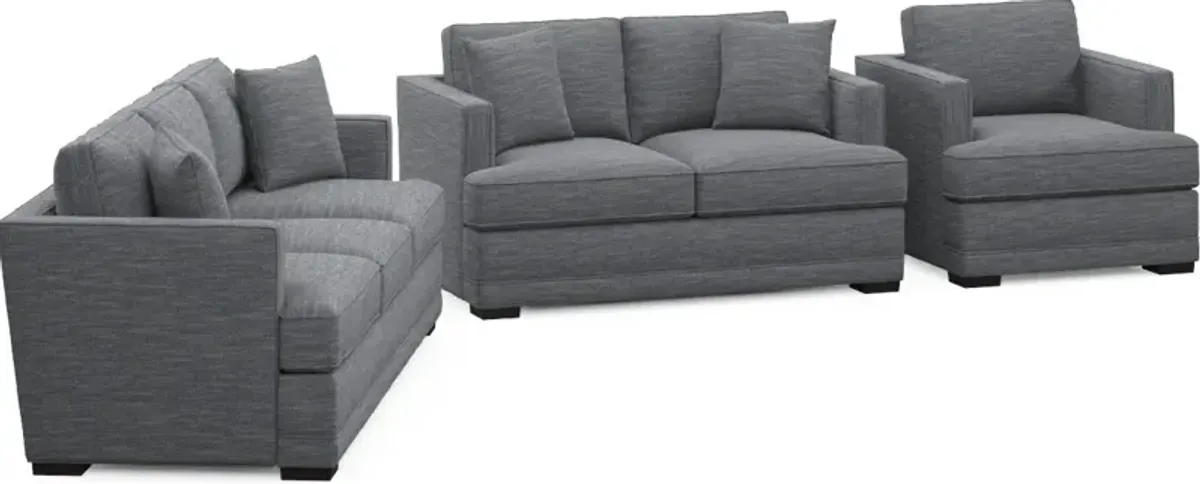 Pembroke Foam Comfort Sofa, Loveseat, and Chair Set - Dudley Indigo