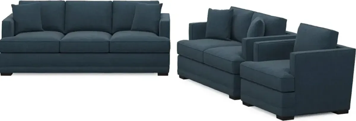 Pembroke Hybrid Comfort Sofa, Loveseat, and Chair Set - Broderick Indigo