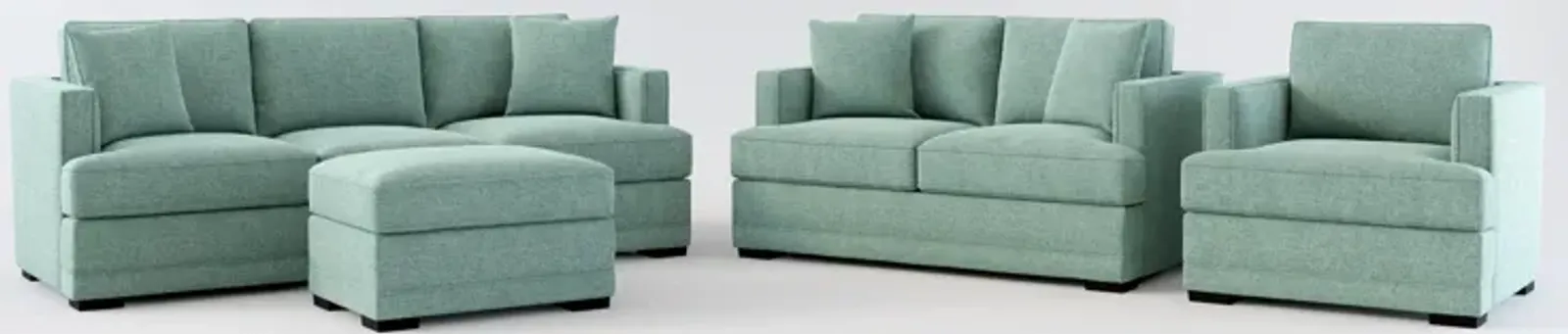 Pembroke Hybrid Comfort Sofa, Loveseat, Chair, and Ottoman Set - Bridger Jade