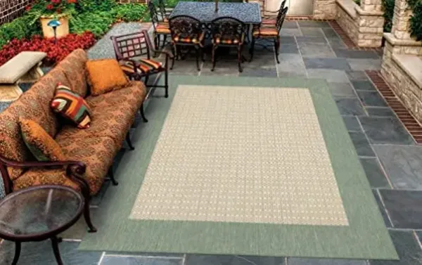 Couristan Recife Indoor Outdoor Rug - Checkered Field 7'6" Round in Natural and Green, Hose Washable, Low Pile, Pet- Kid Friendly Home Decor for Living Room, Patio Furniture Set, Kitchen