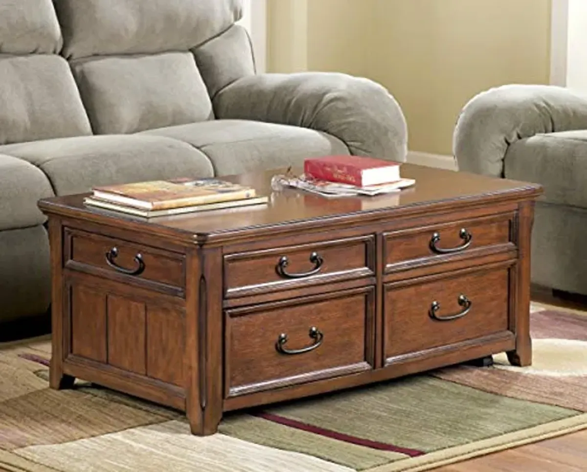 Signature Design by Ashley Woodboro Traditional Rectangular Lift Top Coffee Table with 4 Drawers and Casters For Movement, Dark Brown