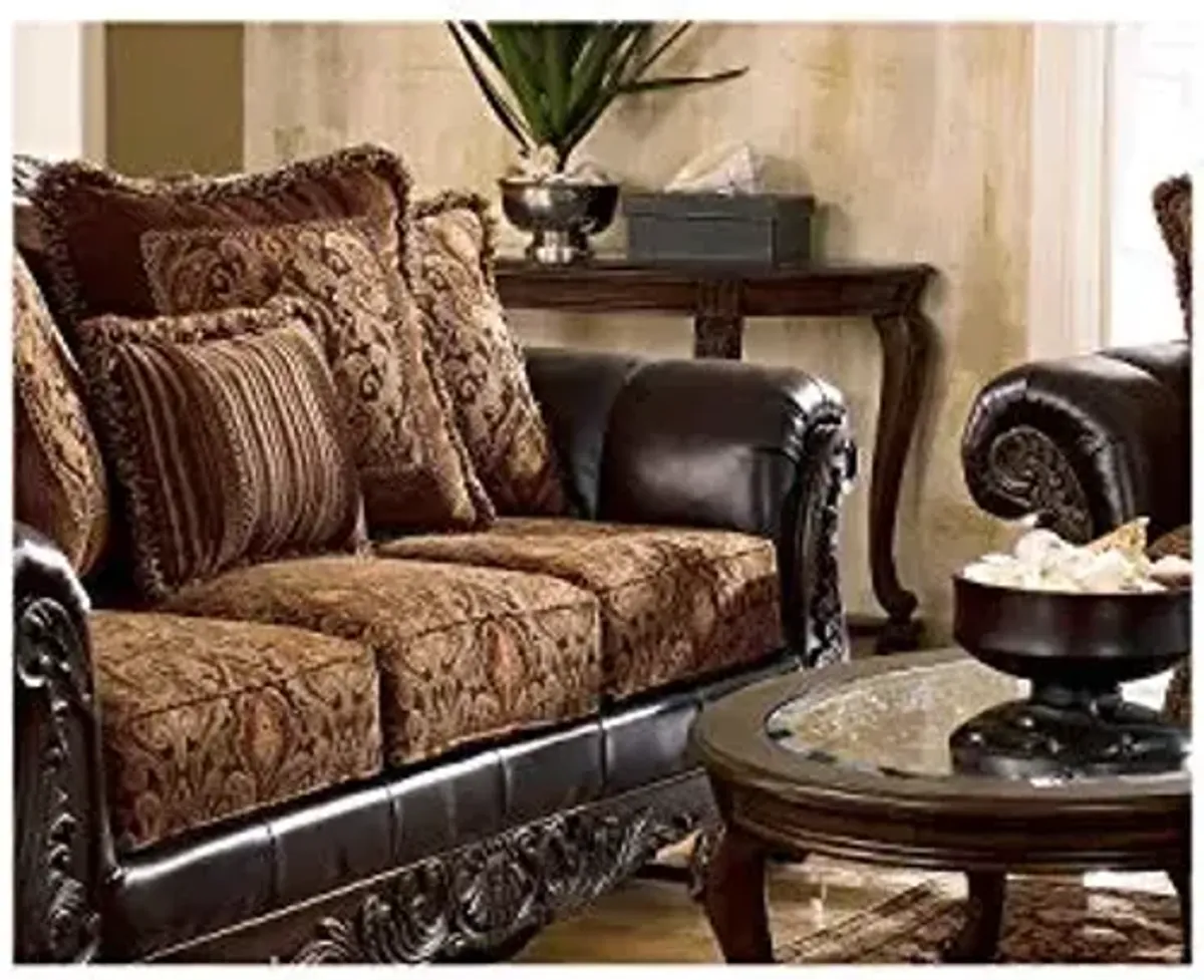 Signature Design by Ashley Norcastle Traditional Half Moon Sofa Table with Beveled Glass Top and Scrollwork Legs, Dark Brown