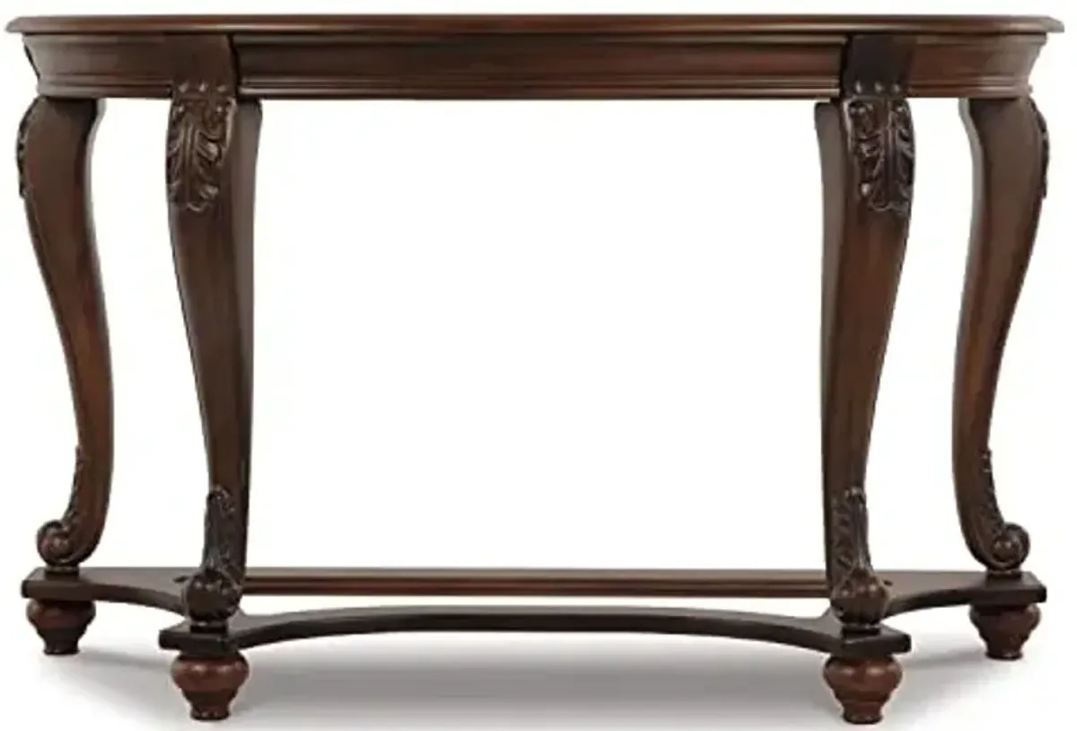 Signature Design by Ashley Norcastle Traditional Half Moon Sofa Table with Beveled Glass Top and Scrollwork Legs, Dark Brown