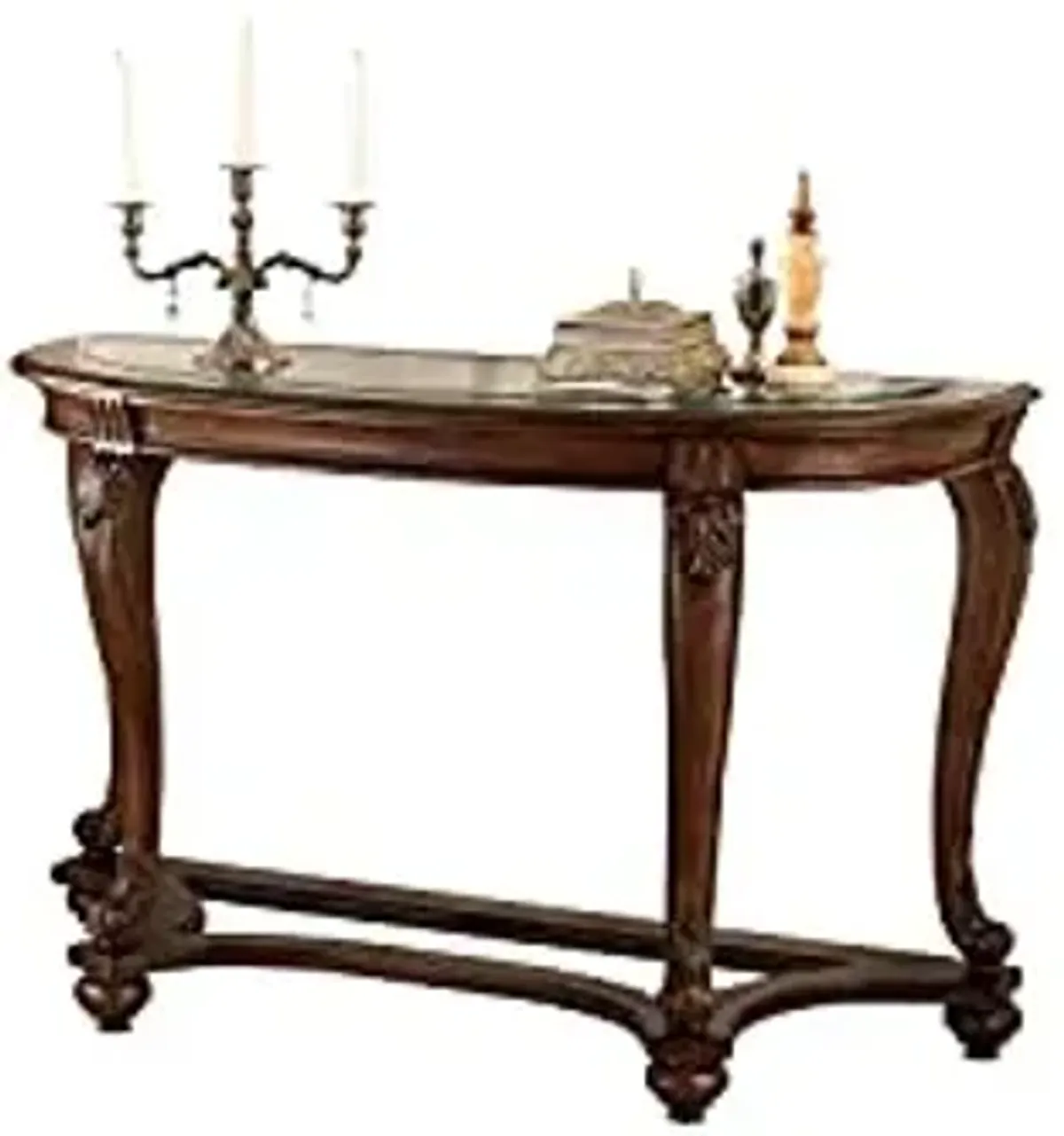 Signature Design by Ashley Norcastle Traditional Half Moon Sofa Table with Beveled Glass Top and Scrollwork Legs, Dark Brown