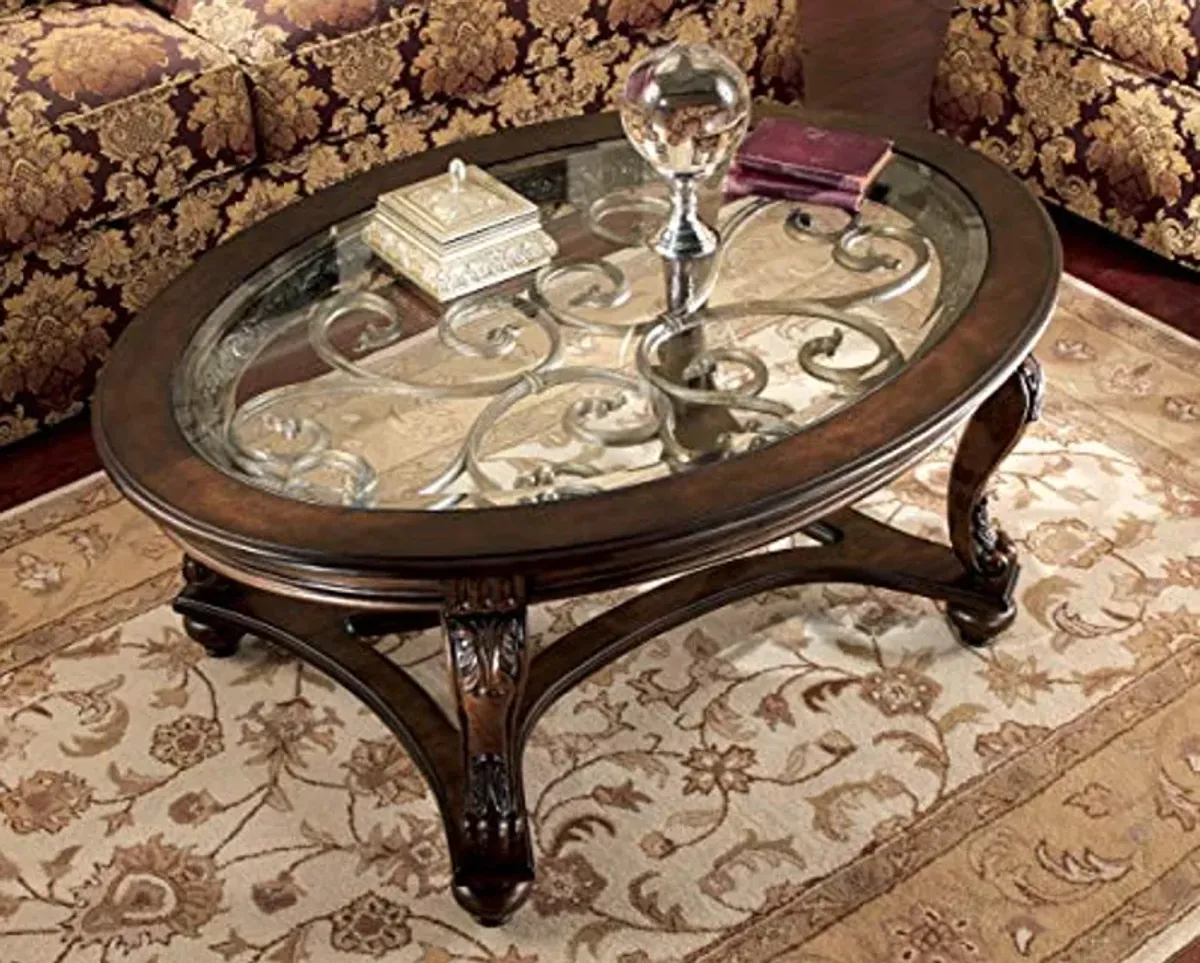 Signature Design by Ashley Norcastle Vintage Oval Coffee Table with Beveled Glass Top & Scrollwork Legs, Dark Brown