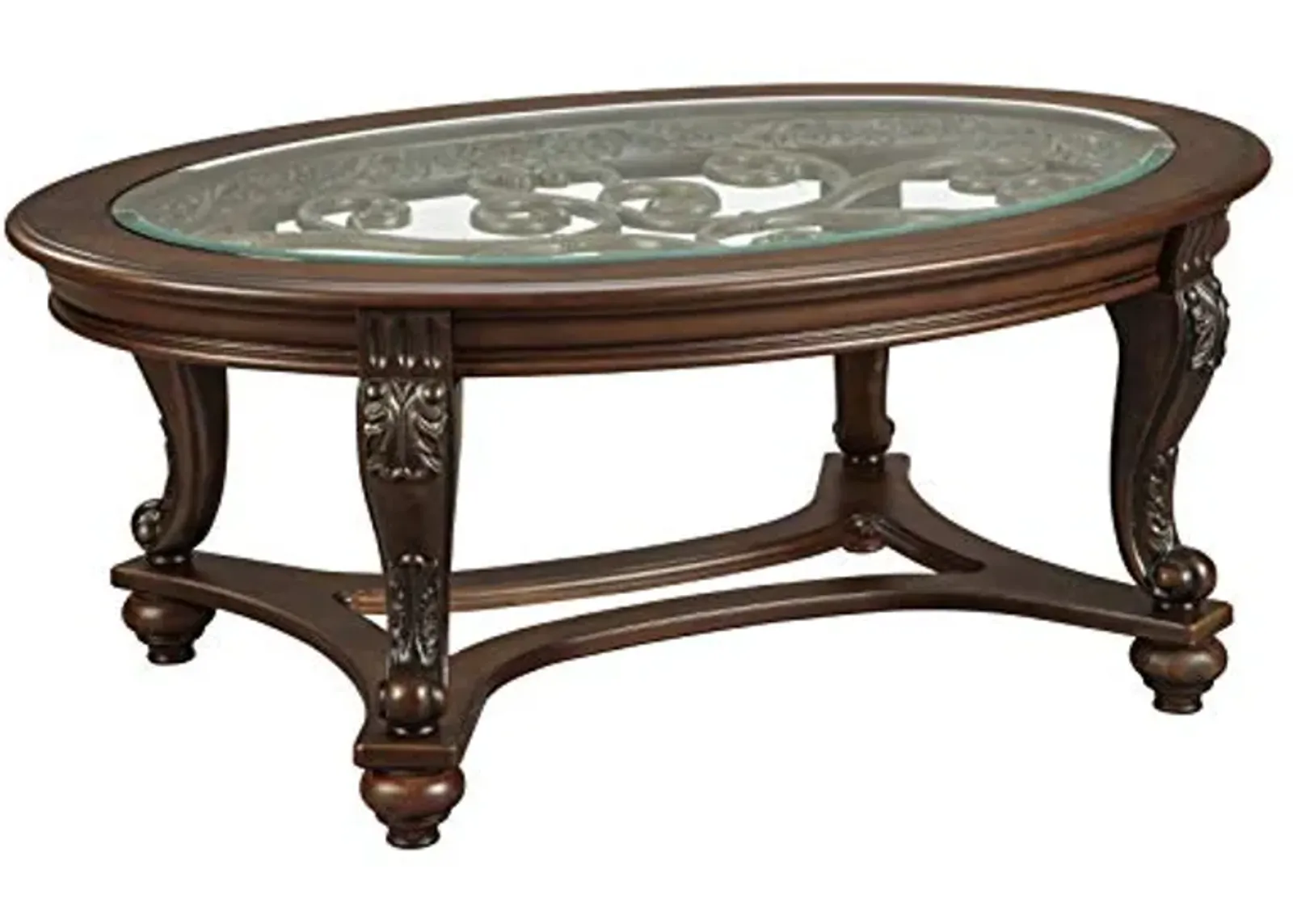 Signature Design by Ashley Norcastle Vintage Oval Coffee Table with Beveled Glass Top & Scrollwork Legs, Dark Brown