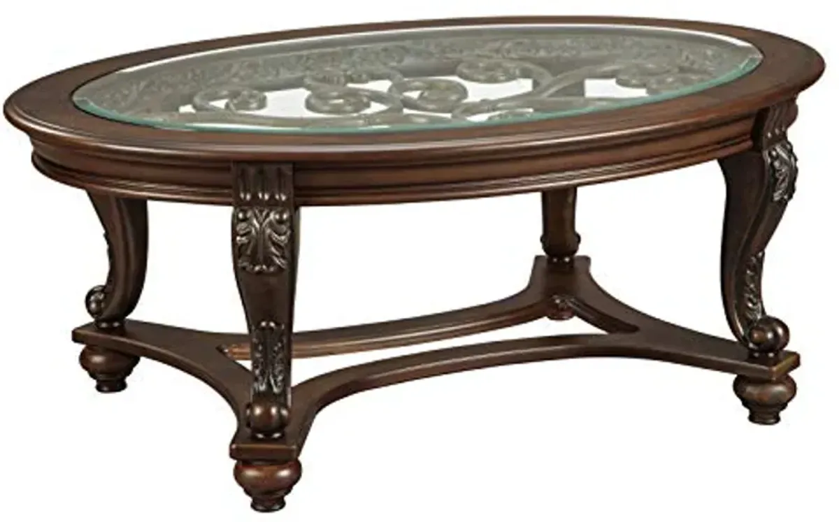 Signature Design by Ashley Norcastle Vintage Oval Coffee Table with Beveled Glass Top & Scrollwork Legs, Dark Brown