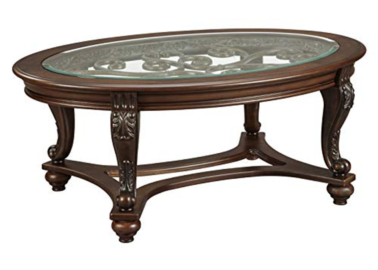 Signature Design by Ashley Norcastle Vintage Oval Coffee Table with Beveled Glass Top & Scrollwork Legs, Dark Brown