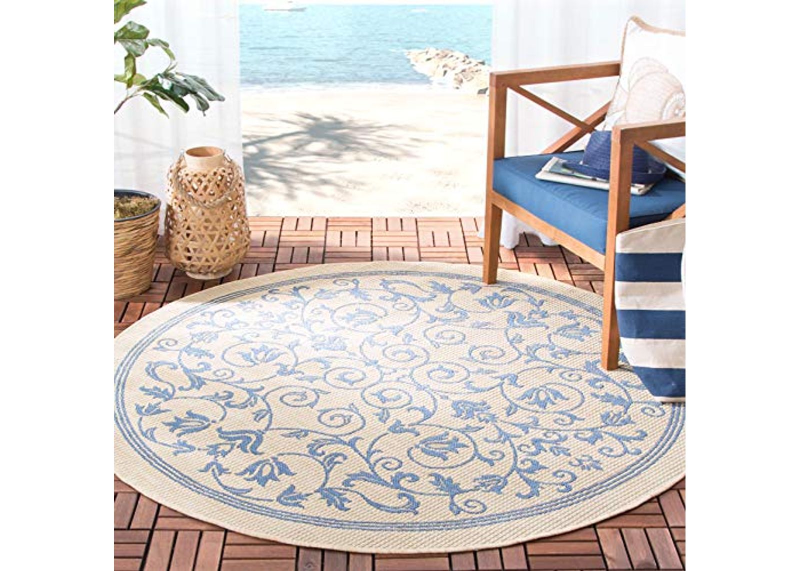 SAFAVIEH Courtyard Collection 5'3" Round Natural / Blue CY2098 Scroll Indoor/ Outdoor--Waterproof Easy--Cleaning Patio Backyard Mudroom Area--Rug