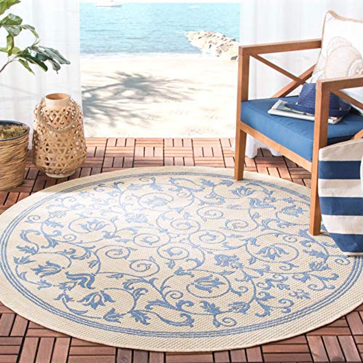 SAFAVIEH Courtyard Collection 5'3" Round Natural / Blue CY2098 Scroll Indoor/ Outdoor--Waterproof Easy--Cleaning Patio Backyard Mudroom Area--Rug