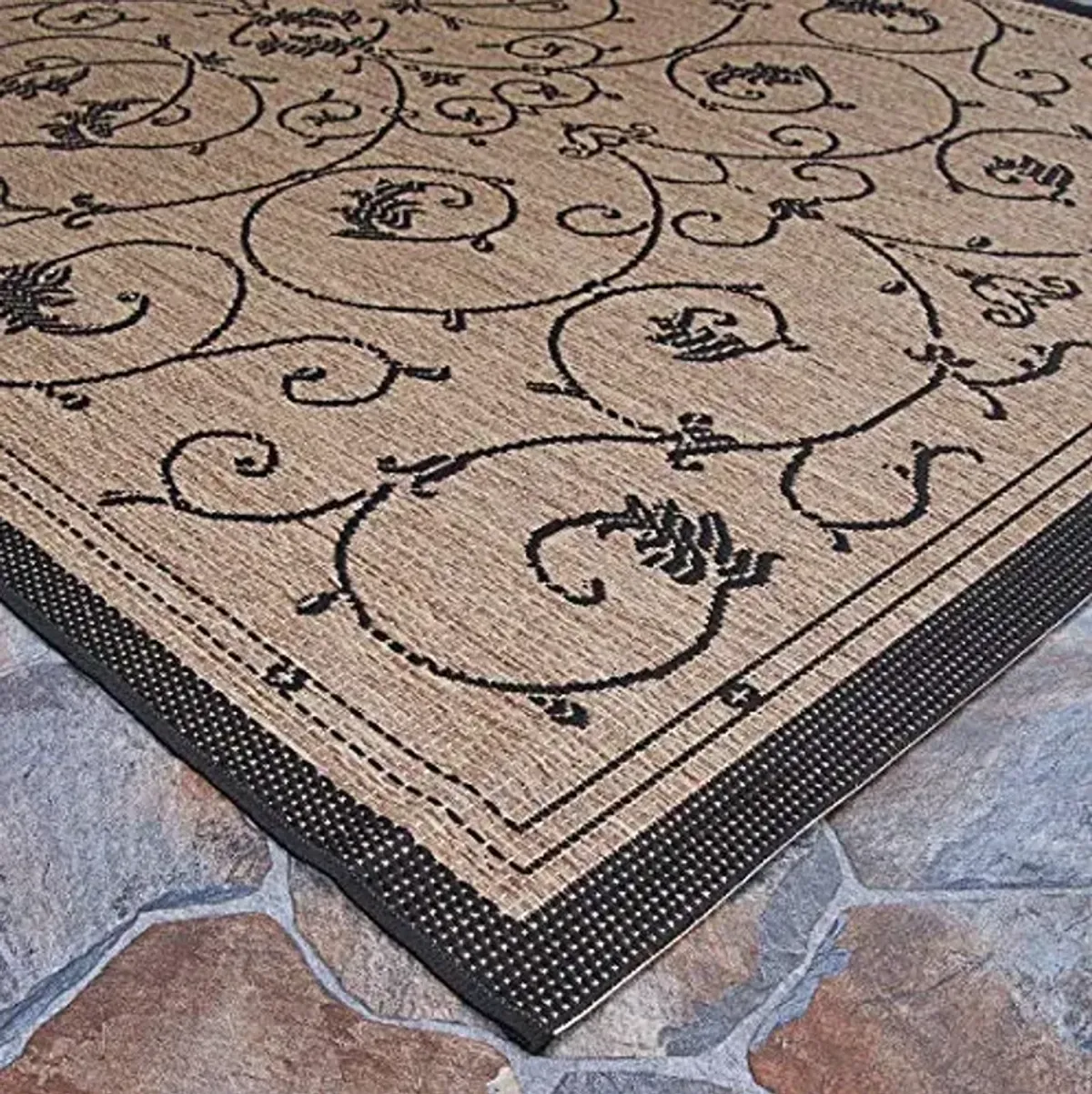Couristan Recife Indoor Outdoor Rug - Veranda 7'6" x 10'9" Rectangle in Cocoa and Black, Floral Scroll, Hose Washable, Pet- Kid Friendly Home Decor for Living Room, Patio Furniture Set, Kitchen