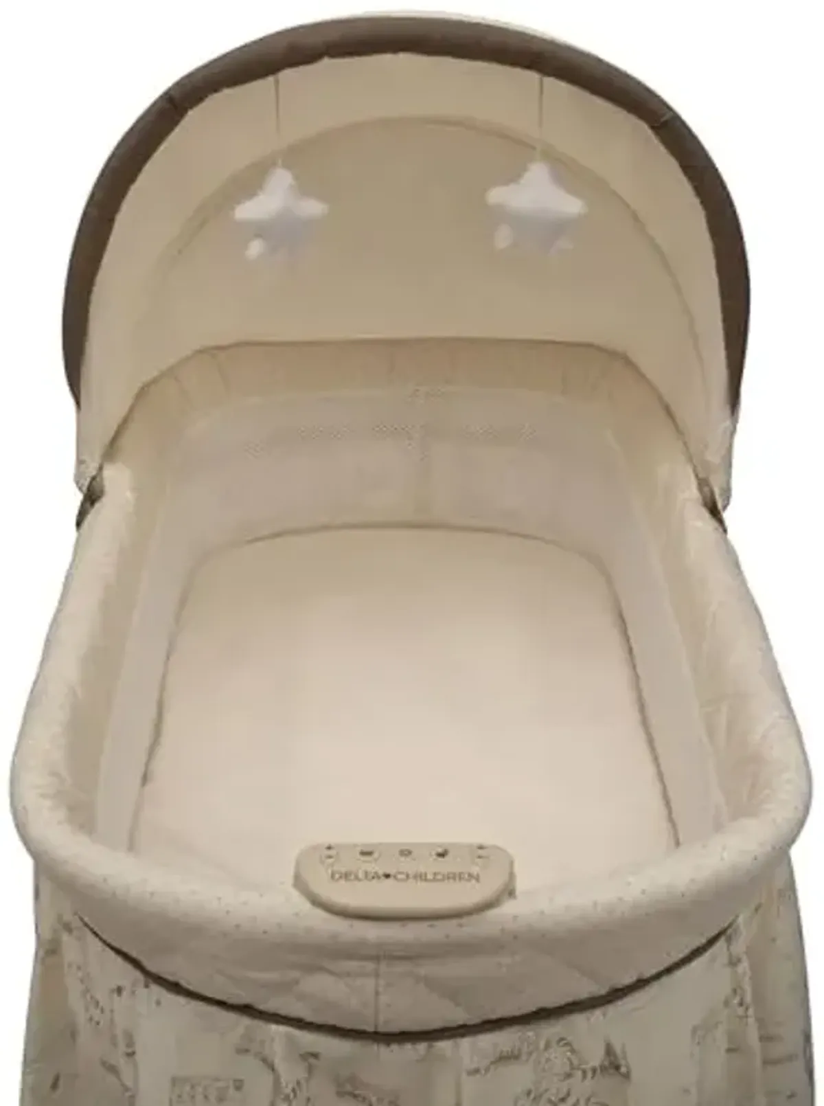 Delta Children Portable Rocking Bassinet for Newborns Bedside Sleeper Crib with Gentle Vibrations, Nightlight, Soothing Music, Adjustable Canopy, Plush Toys, Storage Basket, Baby Essentials