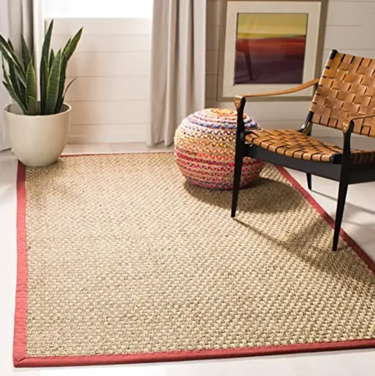 SAFAVIEH Area Rug 8x10 - Natural Fiber Collection - Large - Natural & Red, Seagrass, Basketweave Pattern (NF114D)