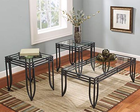 Signature Design by Ashley Exeter Contemporary Glass Top Occasional Table Set of 3, Black