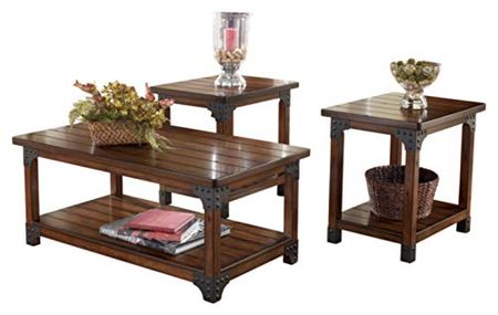Signature Design by Ashley Murphy Industrial 3-Piece Table Set, Includes 1 Coffee Table and 2 End Tables with Lower Fixed Shelf, Brown