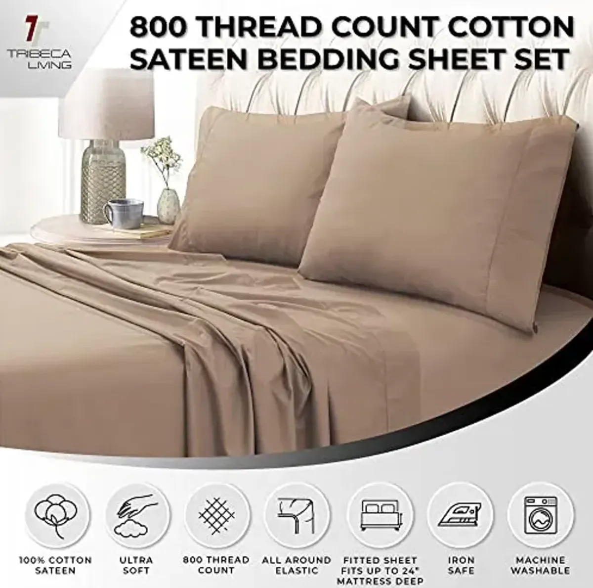 Tribeca Living® Egyptian Cotton Sateen 800 Thread Count 24" Deep Pocket Sheet Set Cal King, Cafe