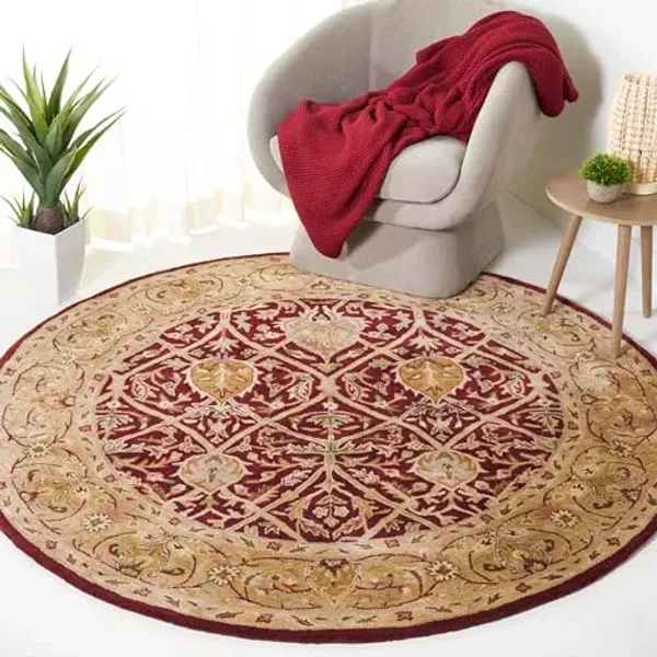 SAFAVIEH Persian Legend Collection Area Rug - 8' Round, Red & Gold, Handmade Traditional Wool, Ideal for High Traffic Areas in Living Room, Bedroom (PL819K)
