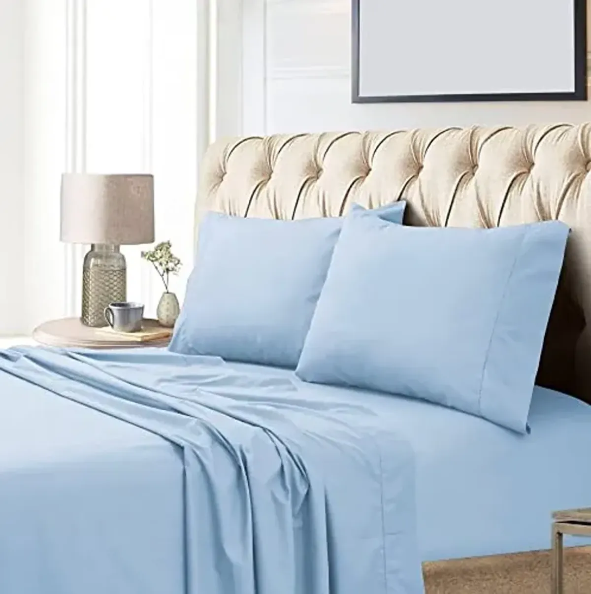 Tribeca Living Egyptian Cotton Sateen 800 Thread Count Hemstitched Deep Pocket Sheet Set, King, Blue