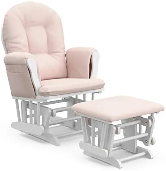 Storkcraft Premium Hoop Glider & Ottoman (White/Pink) — GREENGUARD Gold Certified Nursery Glider, Solid Wood Craftsmanship, Smooth-Gliding Nursery Chair and Ottoman, Award-Winning