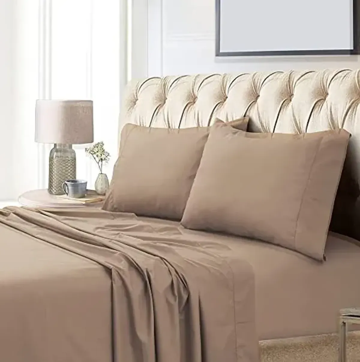 Tribeca Living® Egyptian Cotton Sateen 800 Thread Count 24" Deep Pocket Sheet Set Queen, Cafe