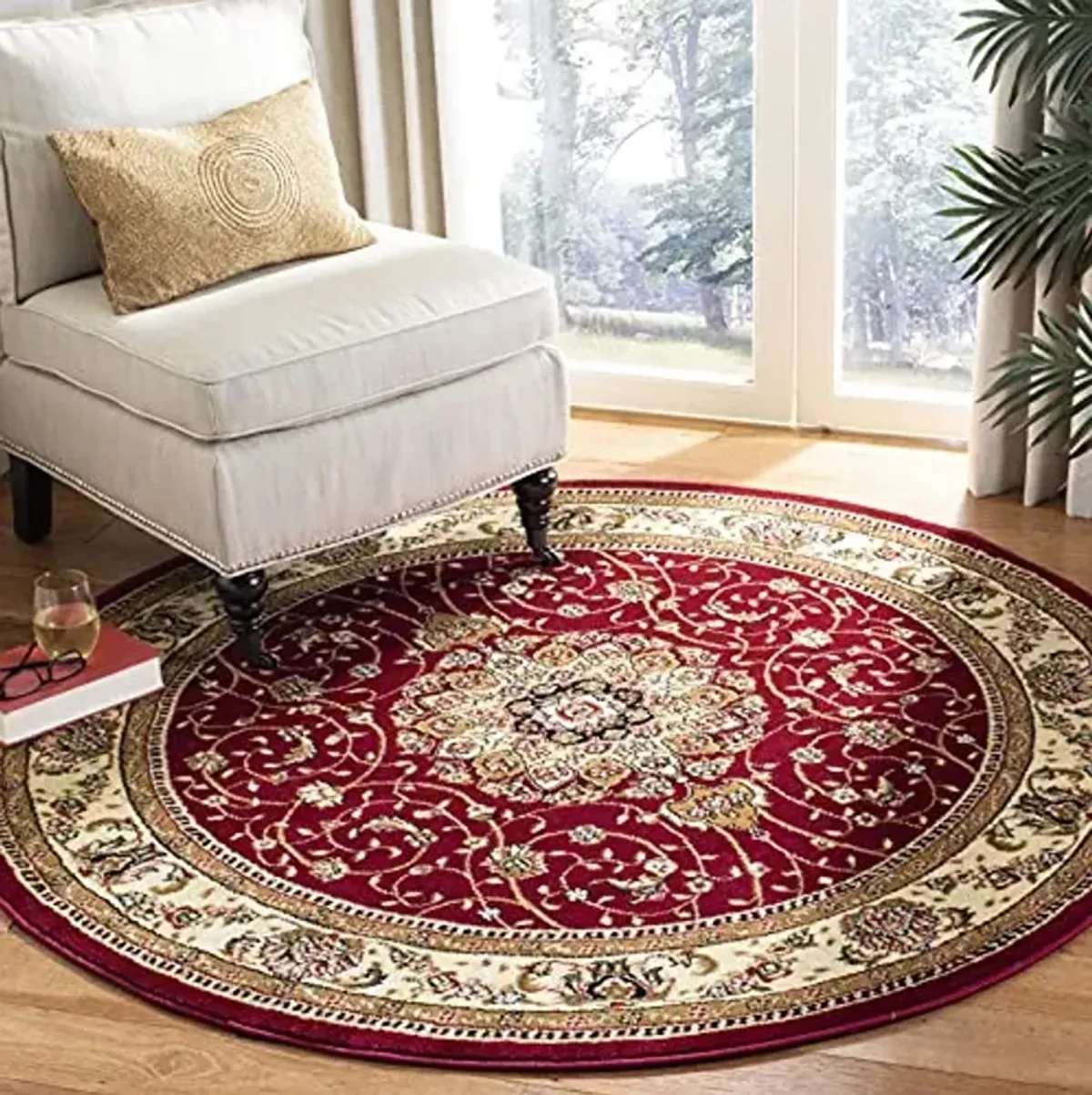 SAFAVIEH Lyndhurst Collection Area Rug - 5'3" Round, Red & Ivory, Traditional Oriental Design, Non-Shedding & Easy Care, Ideal for High Traffic Areas in Living Room, Bedroom (LNH329C)