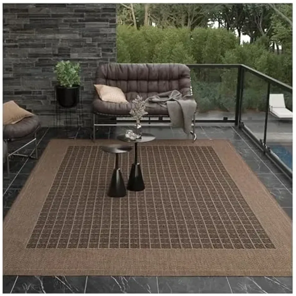 Couristan Recife Indoor Outdoor Rug - Checkered Field 3'9" x 5'5" Rectangle in Black and Cocoa, Hose Washable, Low Pile, Pet- Kid Friendly Home Decor for Living Room, Patio Furniture Set, Kitchen