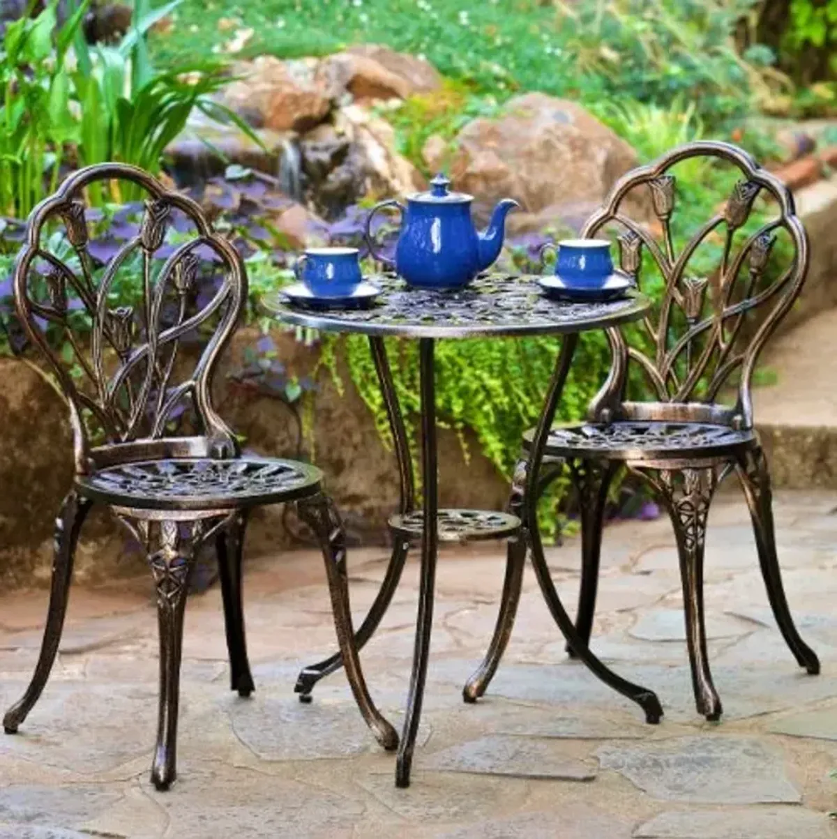 Nassau Cast Aluminum Outdoor Bistro Furniture Set, Brown, 23 by 23 by 26
