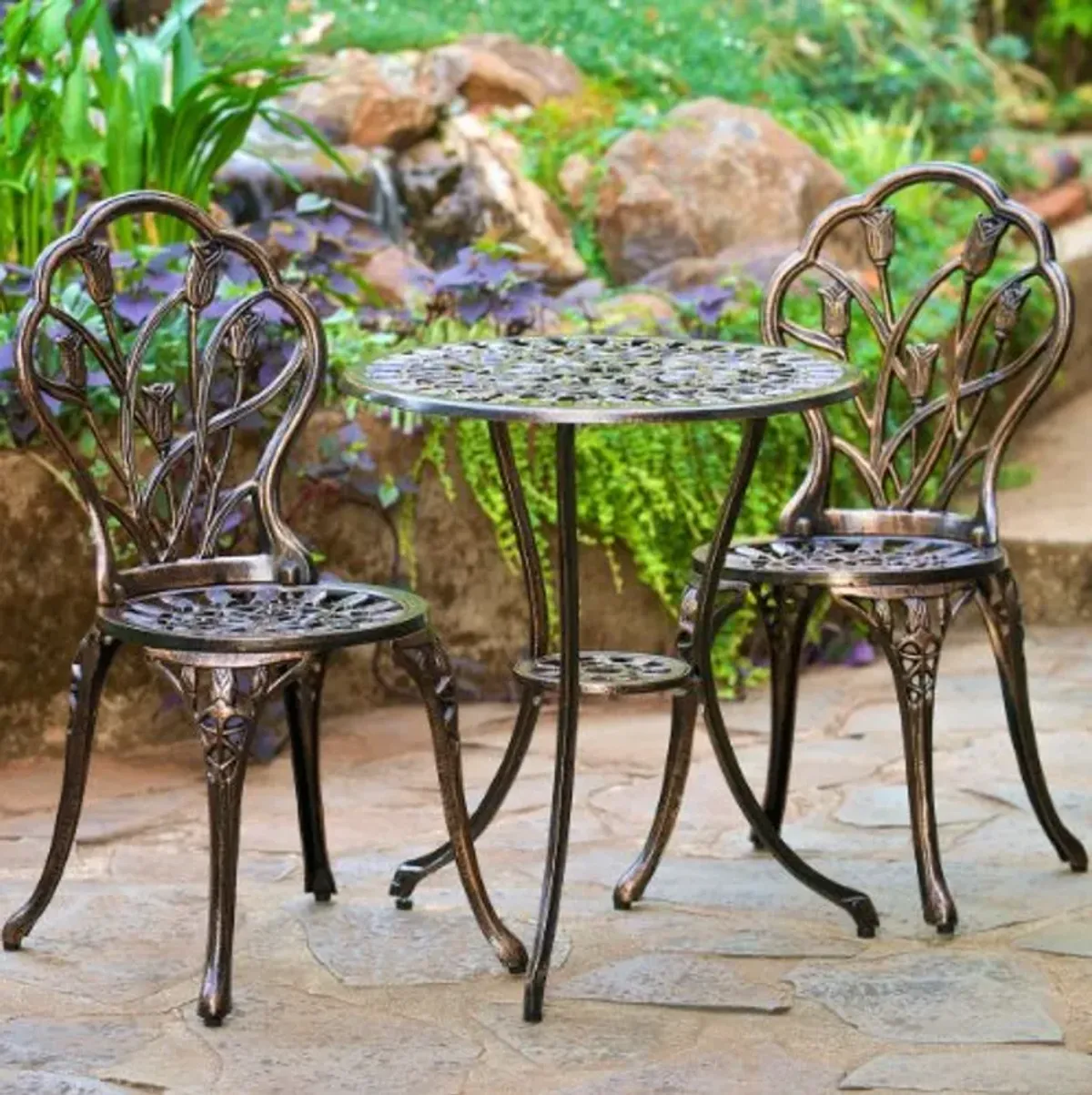 Nassau Cast Aluminum Outdoor Bistro Furniture Set, Brown, 23 by 23 by 26