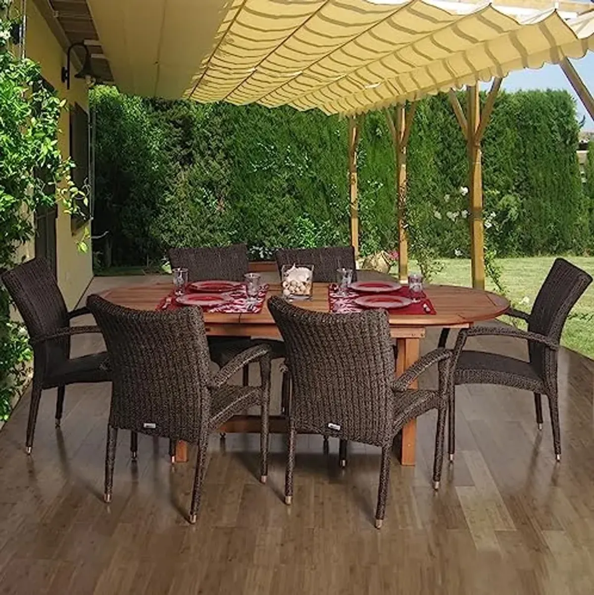 Amazonia Lemans 7-Piece Outdoor Dining Table Set | Eucalyptus Wood and Wicker Chairs| Ideal for Patio and Indoors