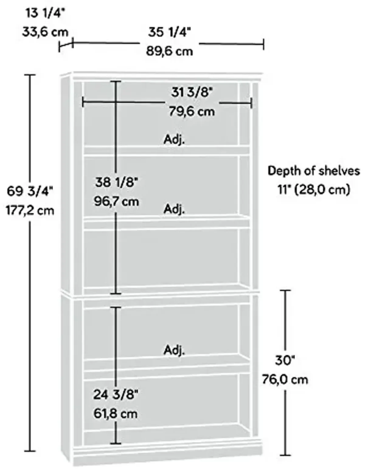 Sauder 5-Shelf Bookcase/ Book shelf, L: 35.28" x W: 13.23" x H: 69.76", Cinnamon Cherry finish