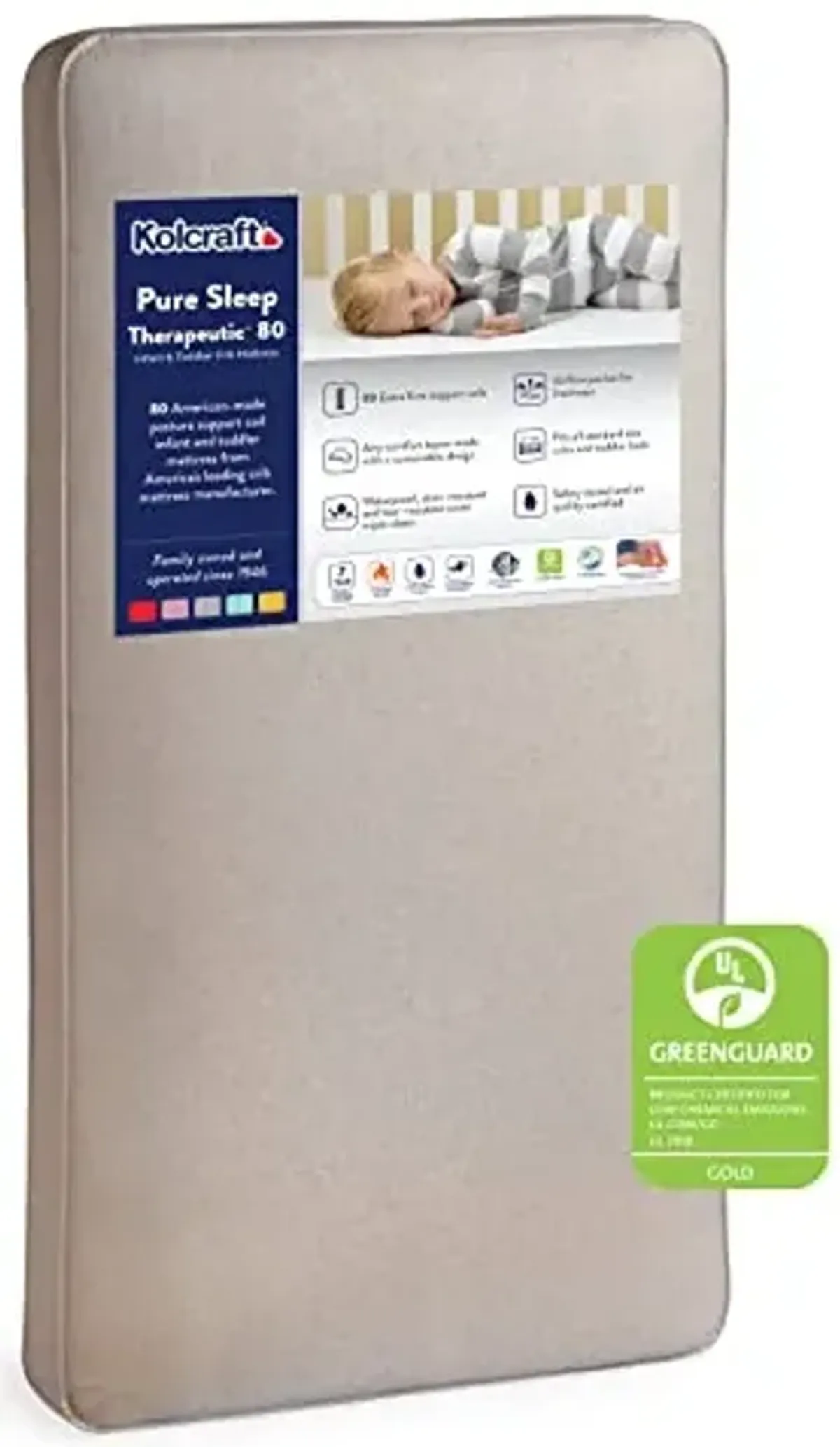 Kolcraft Pure Sleep Therapeutic 80 Certified Waterproof Baby Crib Mattress & Toddler Bed Mattress, Coils Plus Airy Hypoallergenic Comfort, GREENGUARD GOLD Air Quality Certified, Made in USA, 52"x28"