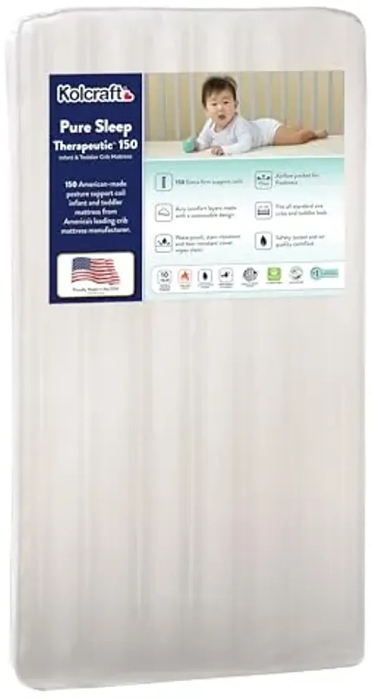 Kolcraft Pure Sleep Therapeutic Breathable Crib Mattress plus Toddler Bed Fit, GREENGUARD GOLD Certified, Made in USA, 150 Extra Firm Posture Support Coils, Non Toxic, Safety & Quality Tested, 52"X28"