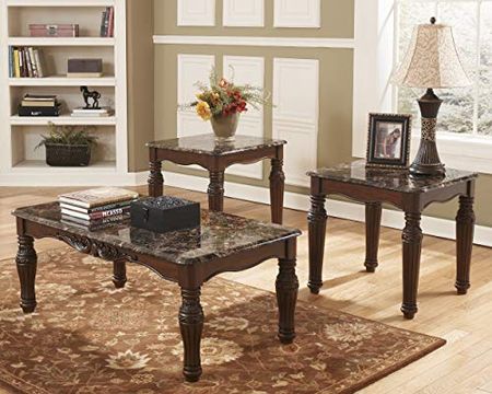 Signature Design by Ashley North Shore Traditional Faux Marble 3-Piece Table Set, Includes Coffee Table and 2 End Tables, Dark Brown