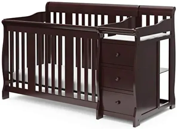 Storkcraft Portofino 5-in-1 Convertible Crib and Changer (Espresso) – Crib and Changing -Table Combo with 3 Drawers, Includes Baby Changing Pad, Converts to Full-Size Bed