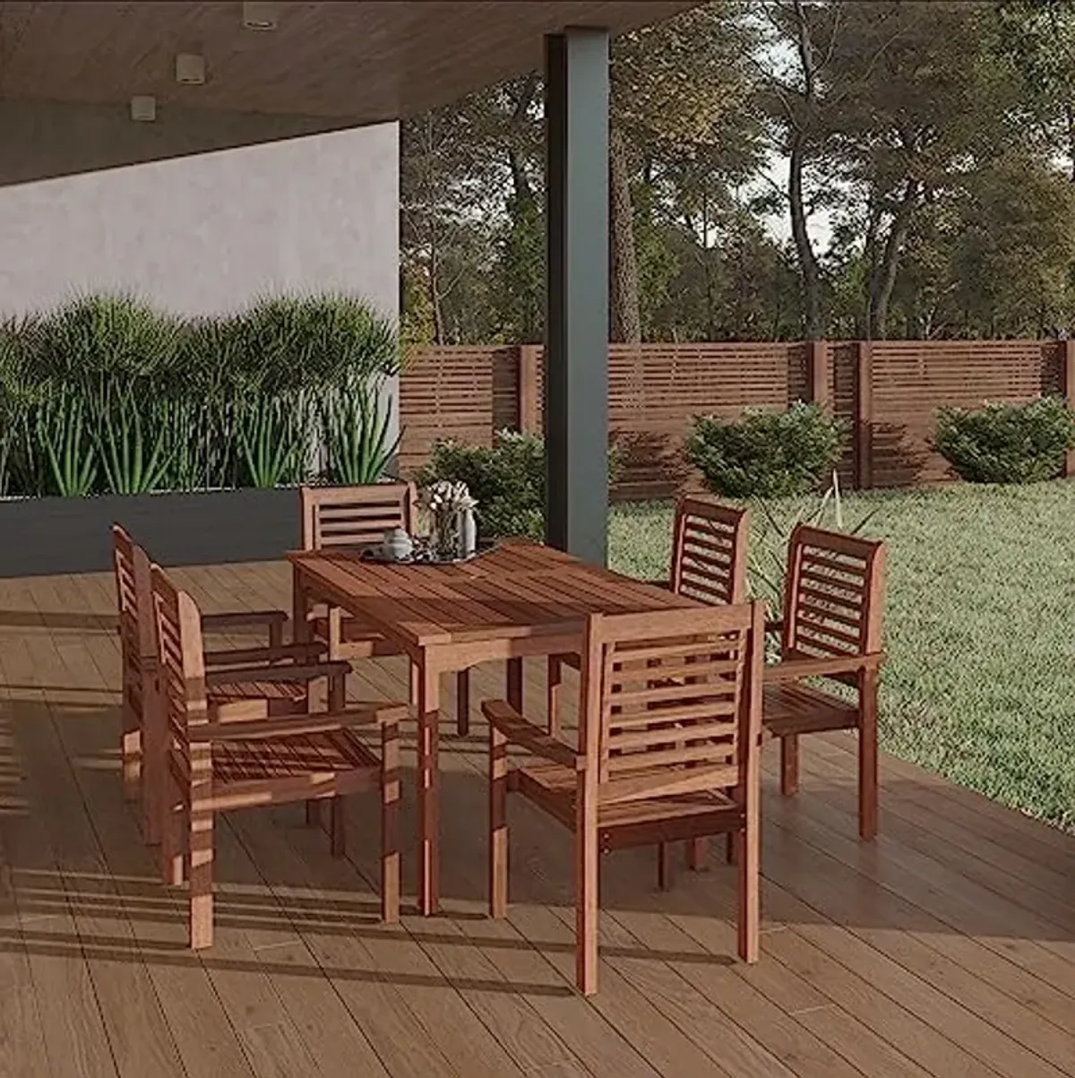 Amazonia Milano 7-Piece Patio Rectangular Dining Table Set | Eucalyptus Wood | Ideal for Outdoors and Indoors