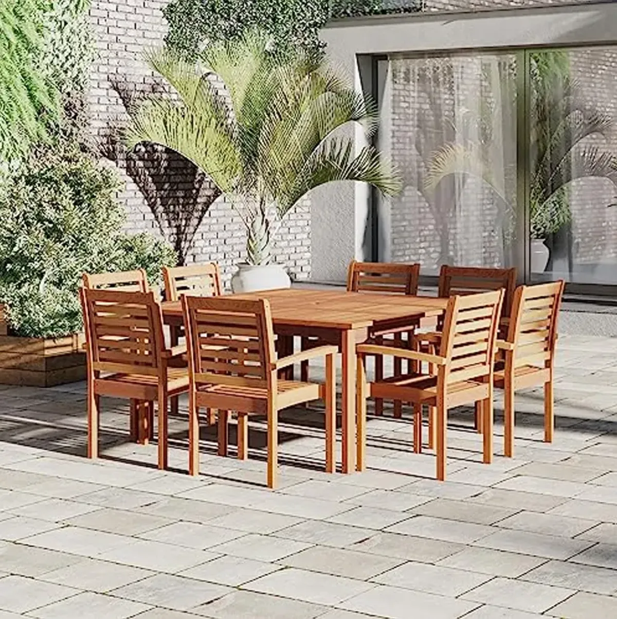 Kevin Amazonia Milano 9-Piece Outdoor Square Dining Table Set | Eucalyptus Wood | Ideal for Patio and Indoors