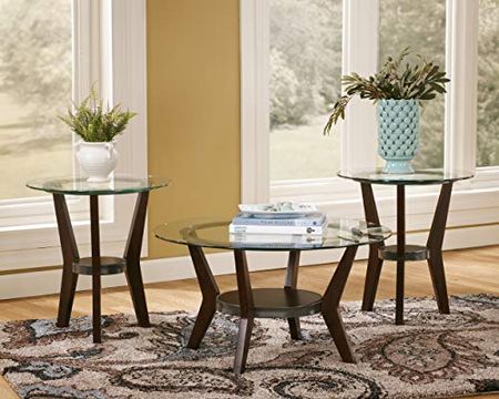 Signature Design by Ashley Fantell 3-Piece Table Set, Includes 1 Coffee Table and 2 End Tables with Glass Top and Fixed Shelf, Dark Brown , 34.00 x 34.00 x 18.63 Inches