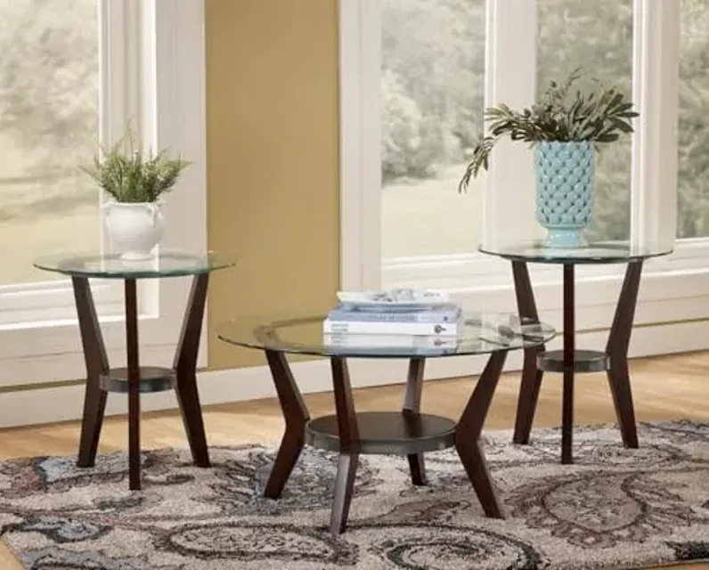 Signature Design by Ashley Fantell 3-Piece Table Set, Includes 1 Coffee Table and 2 End Tables with Glass Top and Fixed Shelf, Dark Brown
